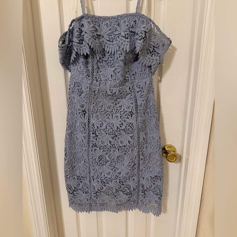 J.O.A. Blue Lace Off-Shoulder Midi Dress